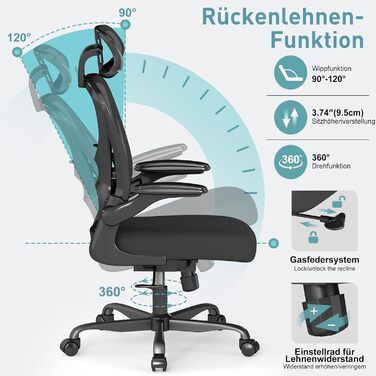 Ергономічне крісло для офісу ZZH, сітчасте крісло з регульованою поперековою підтримкою та підйомними підлокітниками, дихаючий комп'ютерний стілець для дому з обертанням на 360° та регулюванням висоти (Чорний – з підголівником)