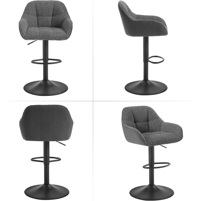 Барні стільці WOLTU 2 шт., регульовані по висоті, обертаються, з підлокітниками та підставкою для ніг, для барної стійки, з металу, темний сірий (Chenille + Cord)