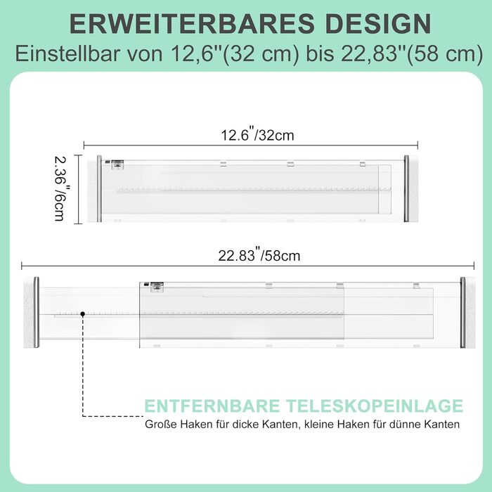 FUNIZE Регульовані роздільники для ящиків з вставками, 8 шт., роздільники 32-58 см + 16 шт. вставок 9-18 см, Органайзер для ящиків, Кухня, Спальня, Офіс, 6 см висота