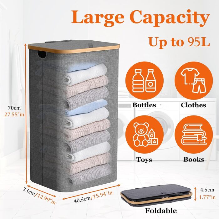 Кошик для білизни з кришкою, вузький, бамбукові ручки, внутрішня кишеня, складний, переносний, 95л, темно-сірий
