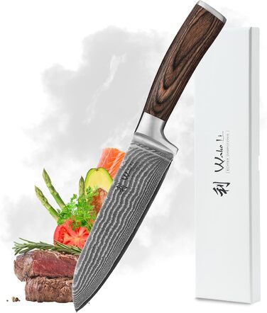 Японський ніж Santoku Wakoli з дамаської сталі (серцевина VG10) 17 см – гострий кухонний ніж для всіх видів нарізок, з ручкою з паккавуду, у подарунковій коробці (без гравію)