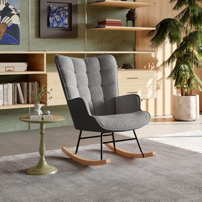 Крісло-гойдалка Liuyoyo з високою спинкою, м'яке крісло з оббивкою, для спальні, офісу, читання, сучасний дизайн (Рожевий, Темно-сірий)