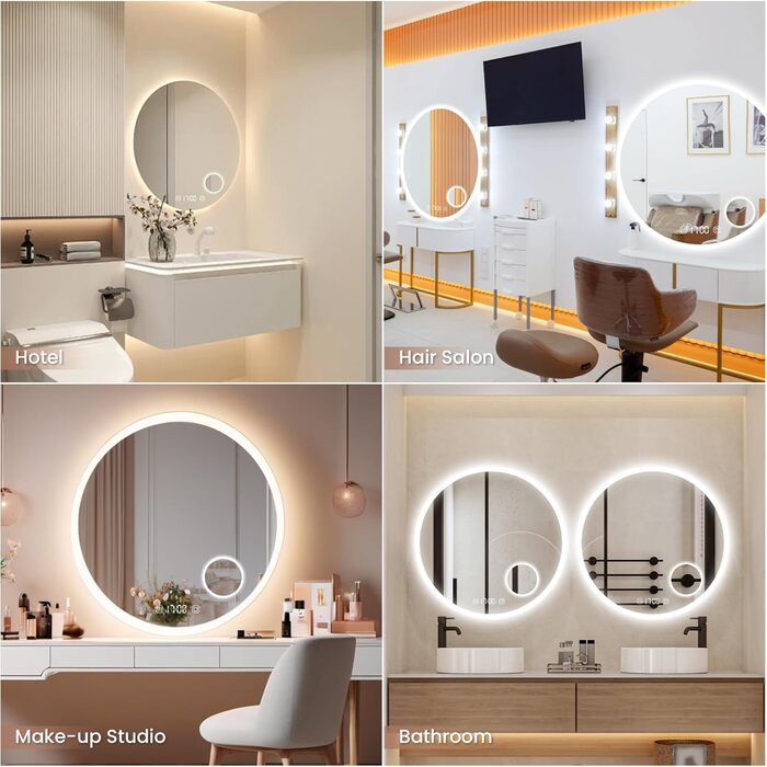 Дзеркало для ванної кімнати Habison з підсвічуванням 70x70 см, LED, з годинником та сенсорним вимикачем, регулювання яскравості, тепле/холодне/нейтральне світло, антизапотівання, 3-кратне збільшення