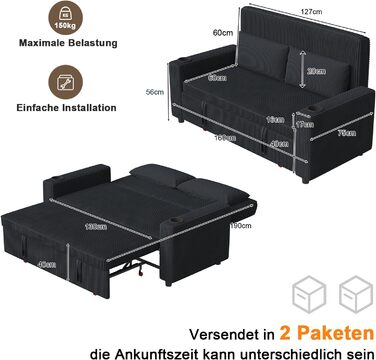 Диван-ліжко JUMMICO 2-місний розкладний з подушками, оббивка корд, чорно-синій, 75x160x93 см. Диван для вітальні та спальні з підсклянником