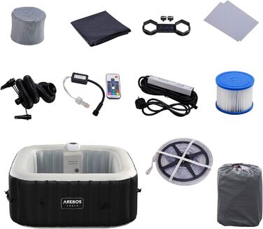 Надувний гідромасажний басейн-джакузі Arebos Whirlpool 154x154 см з LED-підсвіткою, підігрівом та 100 масажними форсунками на 4 особи, 600 л, з кришкою
