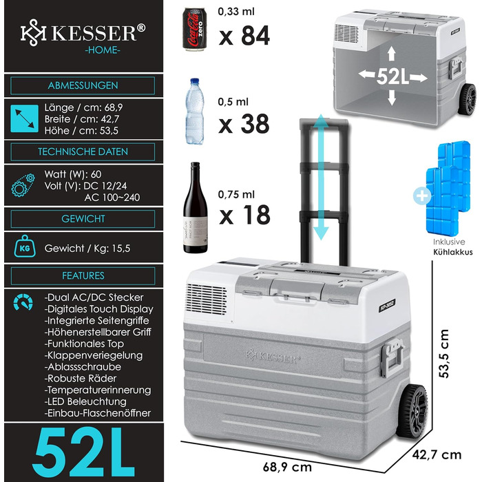 KESSER® Холодильник-морозильник компресорний 52 л з APP-керуванням, USB, 12/24/230V, телескопічна стійка, 2 колеса, охолодження до -20°C для авто, вантажівки, човна