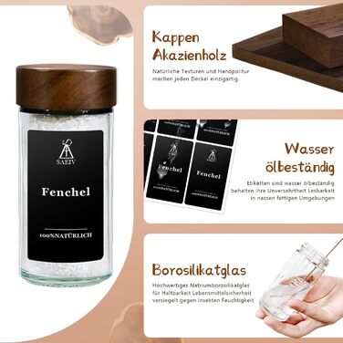 Набір скляних баночок для спецій з акціїйного дерева | 24 шт. з етикетками | Організатор для кухні | 120 мл