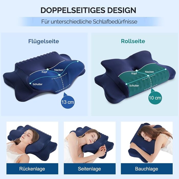 Подушка для шиї, подушка для голови з піною Memory Foam, ергономічна подушка для шиї, подушка для тих, хто спить на боці, на спині та на животі, сіро-білий колір (темно-синій, 64 x 39 x 13 см)