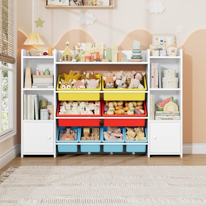 FOREHILL Регульована полиця для іграшок з 8 ящиками, дитячий шафчик, книжкова полиця для дітей, органайзер для іграшок, меблі для дитячої кімнати з іграшковою коробкою, 138,8 x 94,3 x 29,6 см, білий (білий з червоним)