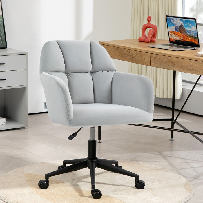 Крісло HOMCOM Swivel регульоване по висоті сучасне для вітальні та офісу, стілець-стілець з підлокітниками в оксамитовому стилі до 120 кг, світло-сірий