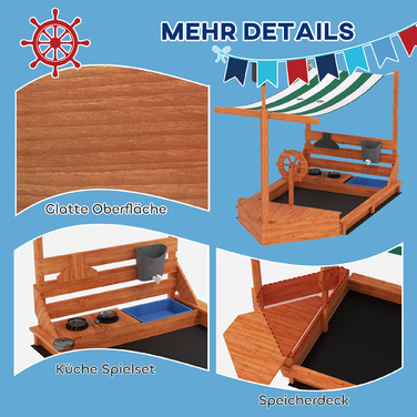 Outsunny Sandpit Sandpit великий з кришкою в дизайні корабля Грязьовик з дерева Вітрильний корабель Ігровий будиночок з кухнею Ігровий набір для зберігання для дітей 3-7 років Помаранчевий 180 x 103 x 144.5 см