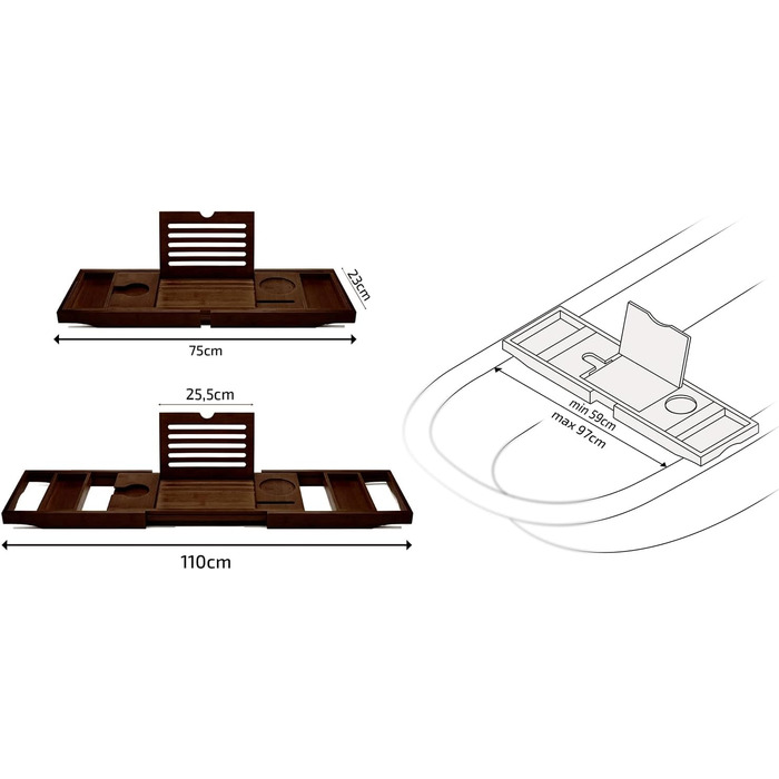 Підставка для ванни ZOLTA - дерев'яна підставка для ванни з тримачем для планшета/книги - підставка для ванни з тримачем для келихів та чашок - для домашнього релаксу - з бамбука, 75-110 x 23 см