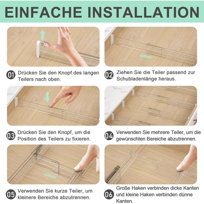 FUNIZE Регульовані роздільники для ящиків з вставками, 8 шт., роздільники 32-58 см + 16 шт. вставок 9-18 см, органайзер для ящиків, кухня, спальня, офіс, прозорий, 6 см висота