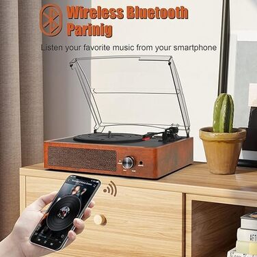 Вініловий програвач із Bluetooth, вбудованими динаміками, вінтажний програвач платівок із трьома швидкостями 33/45/78 об/хв, автостопом, RCA/Aux-in 3,5 мм