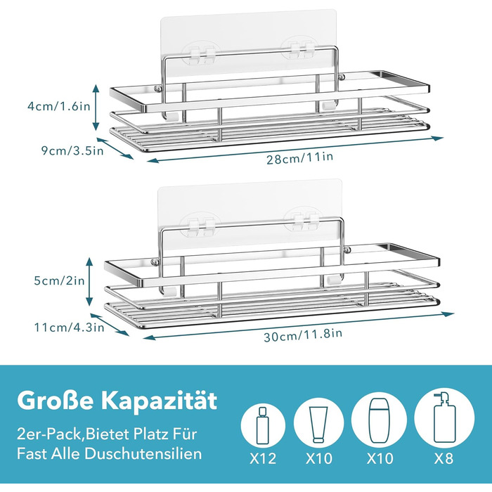 Душова полиця без свердління 2 шт. и Душова полиця Полиця для ванної кімнати Кронштейн для шампуню з 2 клейкими поверхнями срібло
