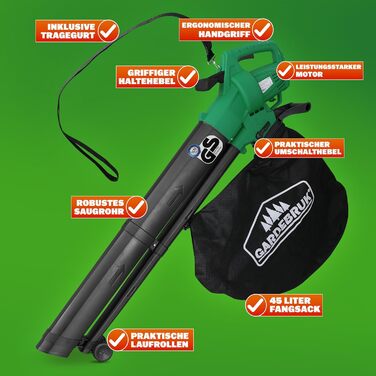 Електричний садовий повітродув-пилосос Gardebruk 3 в 1 з подрібнювачем листя, 3000W, 270 км/год, 45 л, ремінь на плече