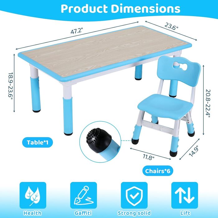 Дитячий стіл зі стільцями (6 шт.) - комплект для дитячого садка та кімнати, регульована висота, пластикові меблі, сидіння для хлопчиків та дівчаток (блакитний)