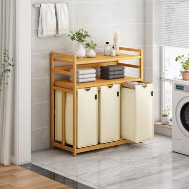 Кошик для білизни AdelDream 150L з 3 відділеннями, висувні полиці та знімний мішок для білизни, бамбуковий каркас, бежевий