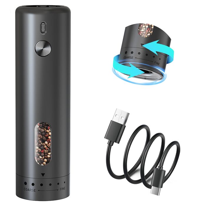 Електричний набір для солі та перцю з зарядною станцією, об'єм 110 мл, перезаряджувана соляна млинка з 5 рівнями, керамічна млинка з щіткою (1 шт, чорний)