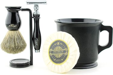 Набір для гоління Haryali London - Пряма бритва, щітка, підставка, мило, миска - 5 предметів - Шерсть борсука - чорний