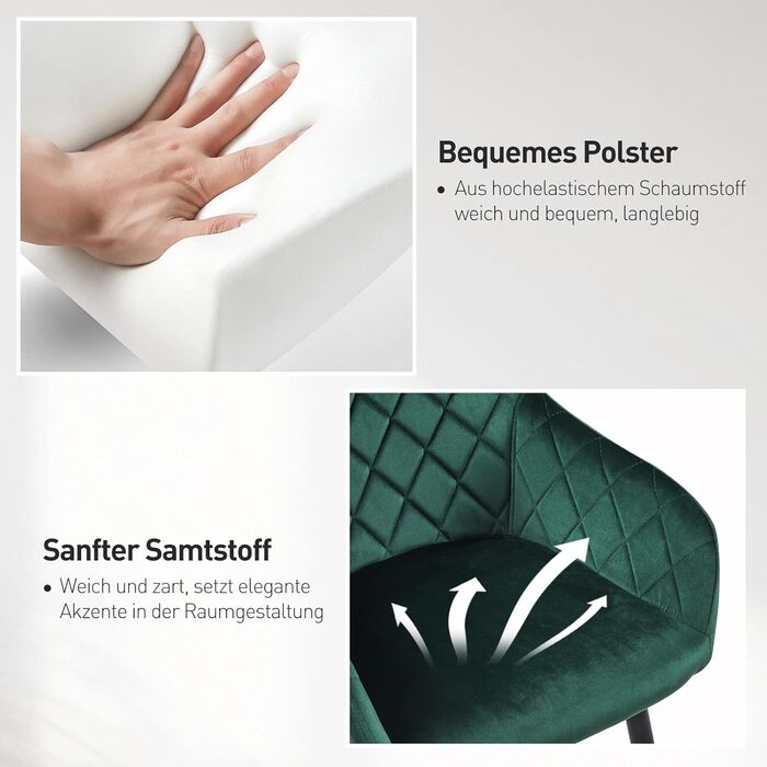 Крісла для їдальні CLIPOP, комплект 4 шт., обтягнуті оксамитом, з металевими ніжками, для вітальні, кухні, їдальні (4 шт., оксамит, зелений)