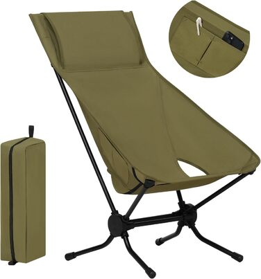 Крісло для кемпінгу WOLTU складне, складне крісло Крісло для риболовлі Кемпінгове крісло, надлегке складне, зі спинкою Бічні кишені сумки для перенесення, 150 кг з можливістю завантаження, оксфордська тканина алюміній, зелений, CPS8157gn