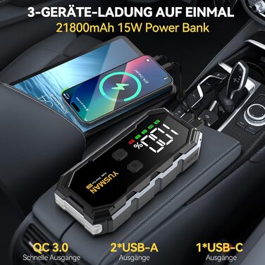 Портативний зарядний пристрій (Powerbank) Starthilfe для автомобілів | 8000A, бустер для акумулятора, LED-ліхтарик, дисплей, кабелі – для SUV, мотоциклів, газонокосарок Black