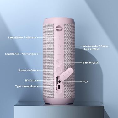 RIENOK Портативна Bluetooth Колонка з Підсвічуванням, Рожева, IPX7 Водонепроникна, 3600 mAh, Bluetooth 5.3, Бас, Стерео Звук