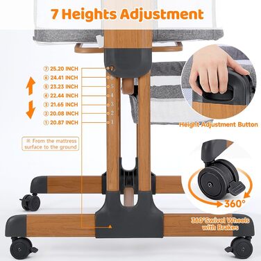 Дитяче ліжко-приліжкове 3 в 1 з м'яким матрацом, безпечне та універсальне, 7 положень по висоті, відкидна боковина з колесами для дому та подорожей