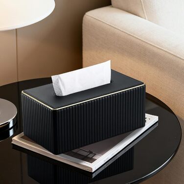 KINGFOM Склянка для серветок з золотим оздобленням, шкіра PU, чорна, прямокутна | Склянка для серветок у вітальню, ванну кімнату, офіс