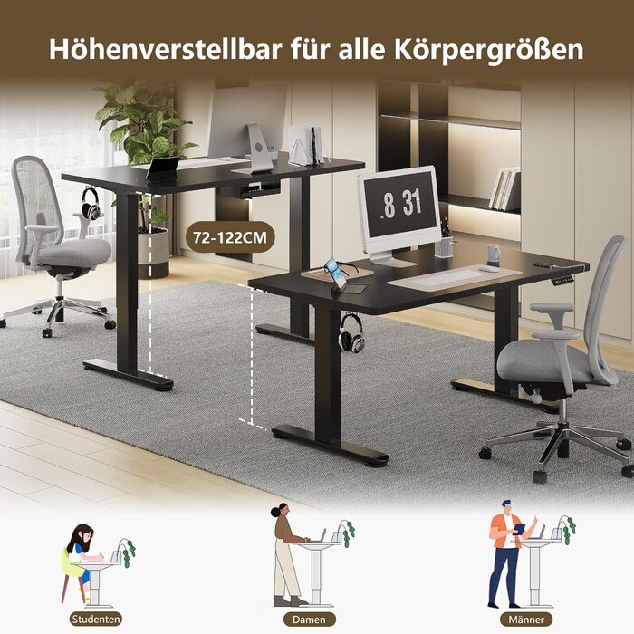 Регульований стіл, 180x80 см, електричний стоячий стіл з подвійним мотором, сенсорна панель, USB-A, організація кабелів, стільниця 25 мм, ергономічний офісний стіл, білий