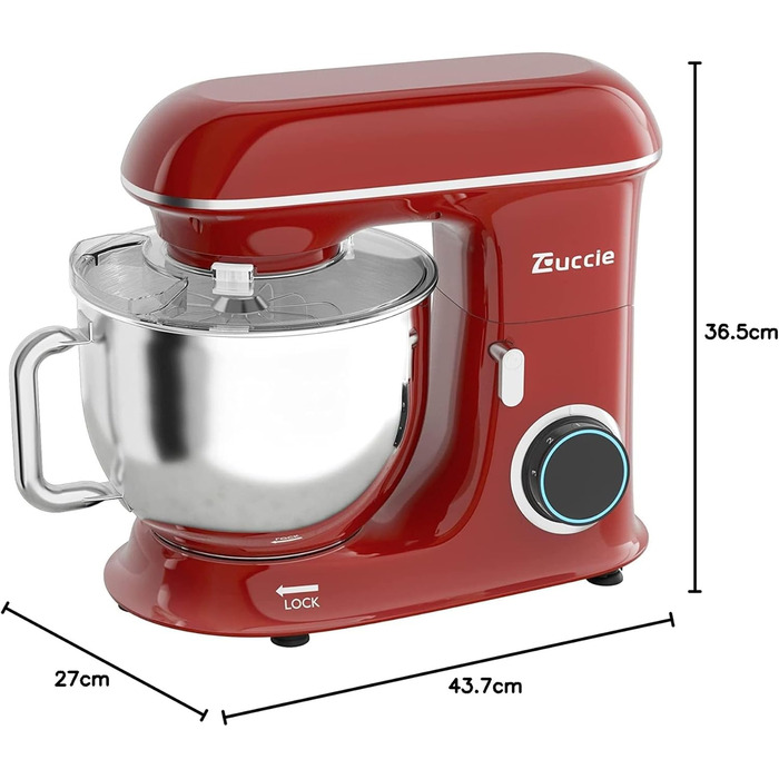 Кухонна машина Zuccie з тихою роботою, місткістю 5л, з нержавіючою сталевою чашею, 3 насадки, захист від бризок, скребок для тіста та роздільник яєць, 8+ швидкостей