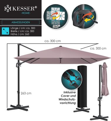 Консольна парасолька KESSER SUN XL 300x300 см, поворотна на 360, UV50, з чохлом і захистом від вітру, бежева