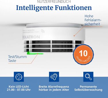 Пожежний сповіщувач Hekatron Genius Plus з батареєю на 10 років, тестування Stiftung Warentest, Made in Germany, з клейкою підкладкою, підтримка додатку, багатомовний, 1 шт.