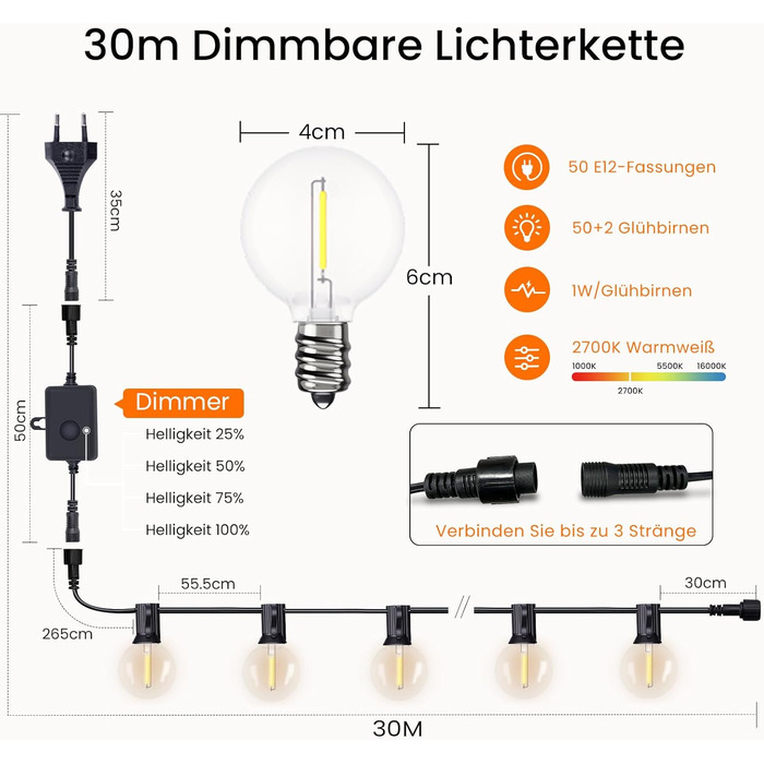Гірлянда світлова зовнішня диммирувана 60м, G40 LED, 104 пластикові лампочки, вологостійка IP45, для саду, тераси, дерев, вечірок, 2700K тепле біле світло (2x30м), з пультом керування