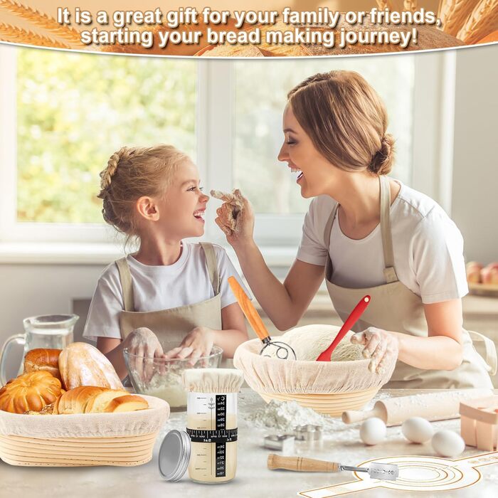 Набір для приготування закваски (12 шт.), 23,5см & 25,4см: корзини для бродіння, скляна тара для закваски, лопатки та мішалки для тіста. Ідеально для початківців