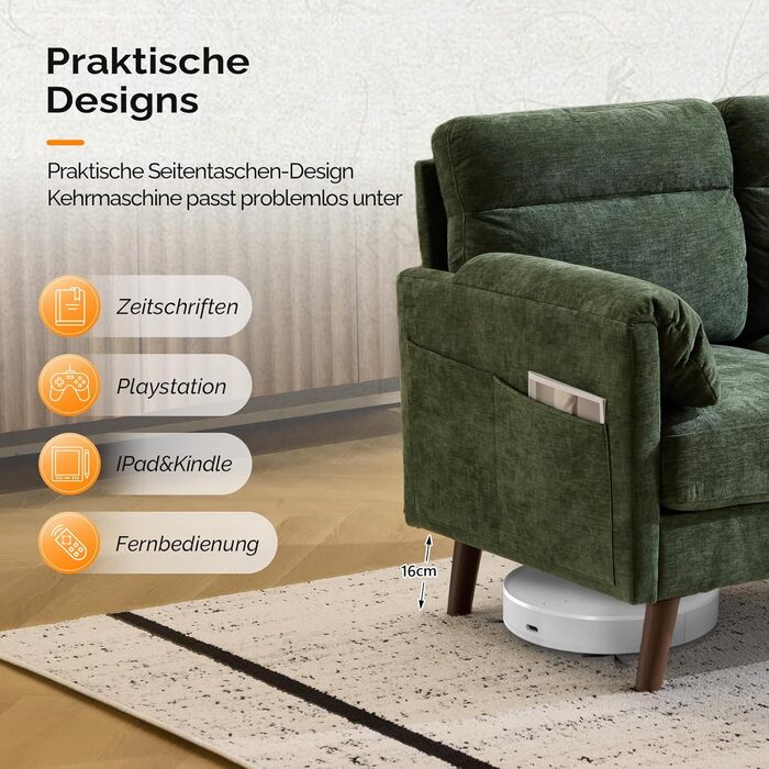 Диван Bonnlo 2-місний, компактний, 125 см, тканинний диван з м'якими підлокітниками, для офісу, вітальні, спальні, кабінету, легка збірка, льон, зелений