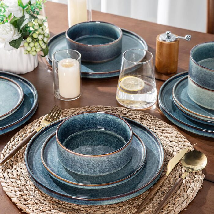 Набір посуду GBHOME 18 шт. з реактивною глазур'ю: тарілки та миски, чорно-оливковий колір, стійкий до сколів та розбиття, підходить для миття в посудомийній машині та використання в мікрохвильовці