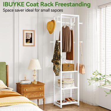 Стійка для одягу IBUYKE, вішалка для одягу з 3 полицями та 8 гачками, індустріальна стійка для передпокою, коридору, спальні, натуральний колір та білий, TMJ088R (180 x 40 x 30 см)