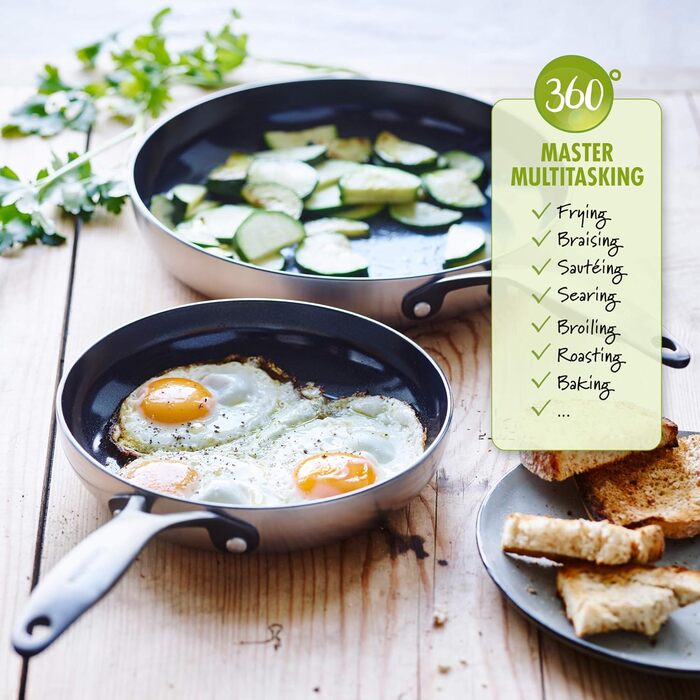 Набір сковорідок GreenPan Venice Pro Noir 26см та 30см, нержавіюча сталь, антипригарне покриття Ceramic, чорний матовий гриб, без PFAS, для індукційних плит, придатні для миття в посудомийній машині, термостійкі, сріблясті