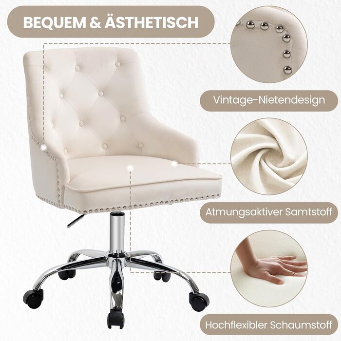 Крісло для офісу Fiximaster з велюру, поворотне, з регулюванням висоти, на роликах, золоті ніжки, для дому/офісу, до 135 кг, біле