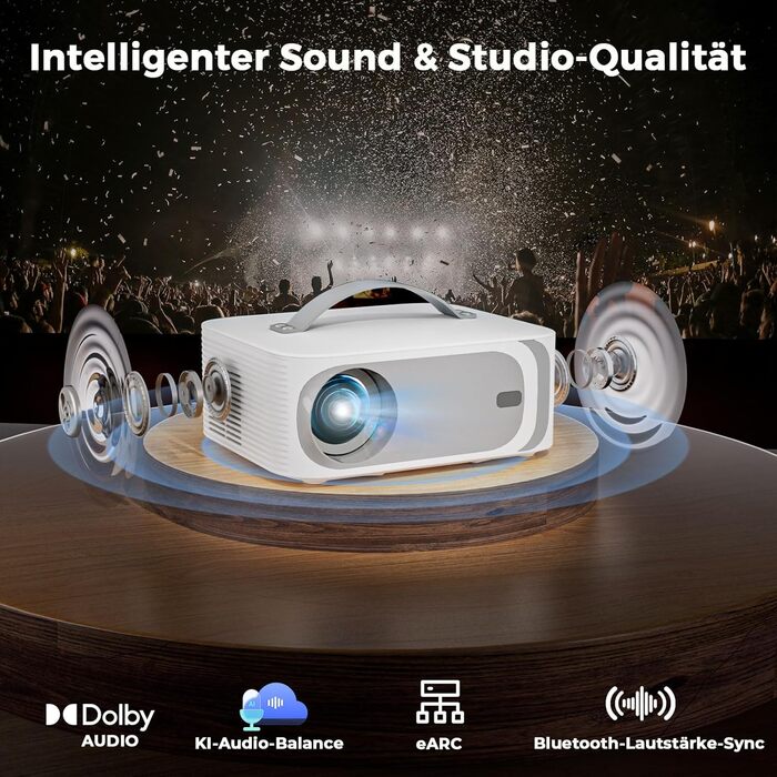 Портативний проєктор Beamer 4K з Dolby Audio, HDR10, WiFi6, Bluetooth 5.4, Auto Fokus, для домашнього кіно та перегляду спортивних подій, білий