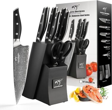 Набір кухонних ножів з дамаської сталі з дерев'яним блоком (7 предметів) - професійний набір ножів для кухні, VG10, G10, ергономічні ручки (червоний)