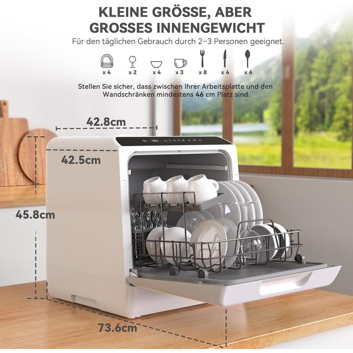 Компактна посудомийна машина Hermitlux Mini на 5 комплектів посуду (5л бак), 6 програм миття, 360° розпилювачі, функція сушіння, енергоклас D, без встановлення, скляні/суцільні дверцята
