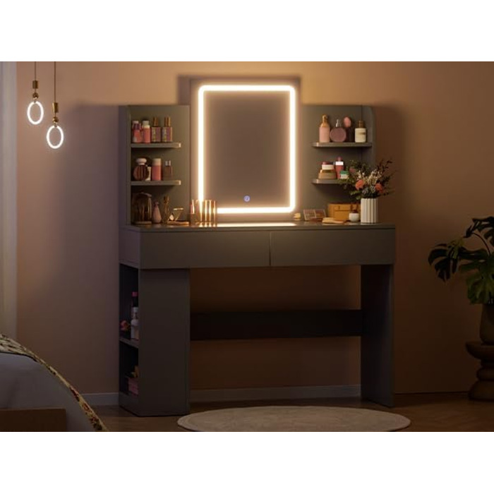 Великий туалетний столик Airfish з підсвічуванням 108x40 см, з дзеркалом та полицями, 2 шухляди, регульована яскравість, 3 кольори, для спальні/вітальні (білий туалетний столик) (чорний туалетний столик)