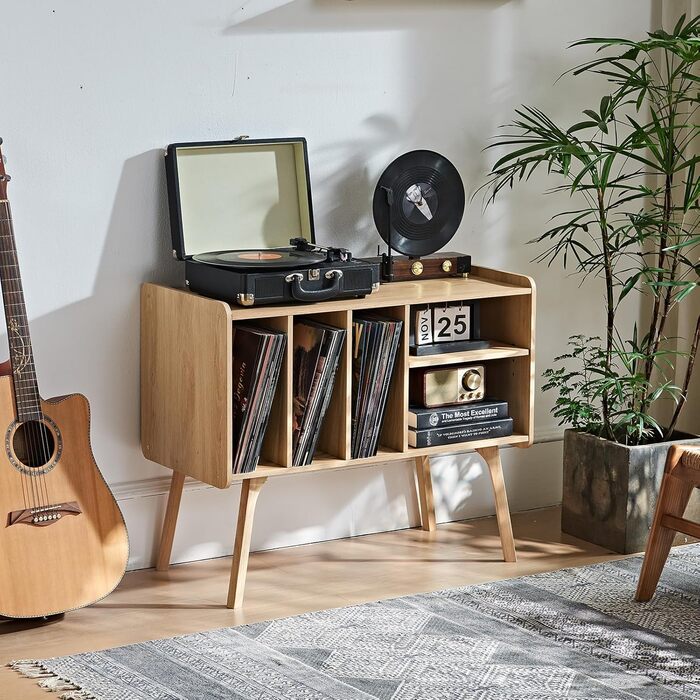 Сумка-органайзер для вінілових платівок LELELINKY: стійка з 4 полицями, вміщує до 220 платівок, з міцними дерев'яними ніжками, стиль Mid-Century, білий колір, для зберігання вінілу