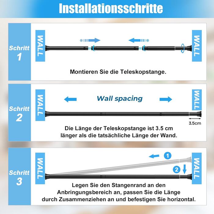 Набір з 2 штук штанги для карниза без свердління, 76-165 см. Підходить для душу, вікна, кухні, шафи. Чорний колір.