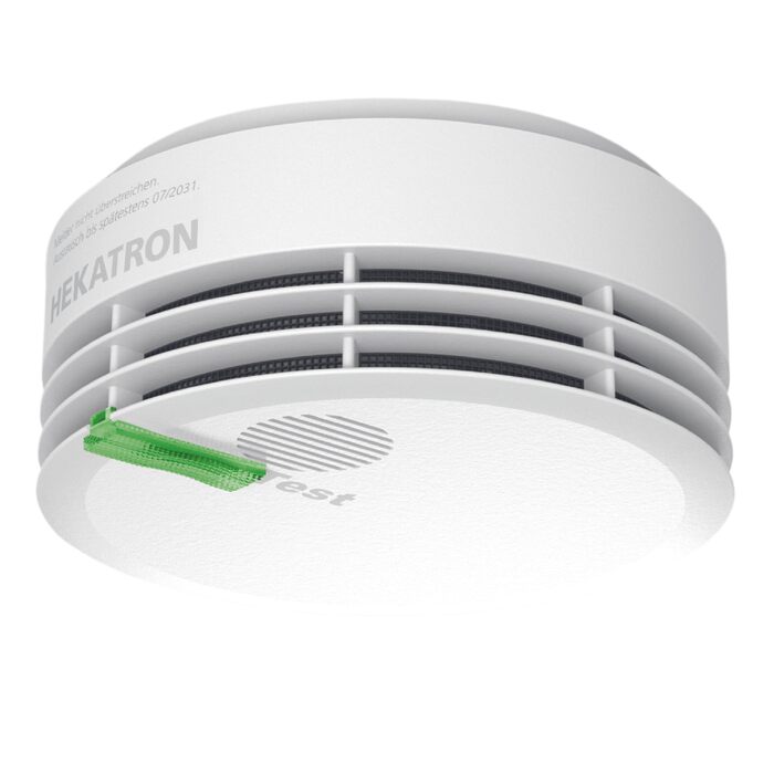 Датчик диму Hekatron Genius Plus з батареєю на 10 років – Тест-переможець Stiftung Warentest – Зроблено в Німеччині – з клейкою підкладкою – з підтримкою додатку – 1 шт.