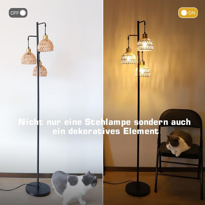 Торшер з ротанга ShineMuse Boho, 3 шт. E27 LED, 170см, чорний, вінтажний, з ножним перемикачем