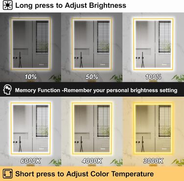 Круглий LED дзеркало для ванної кімнати Furduzz з підсвічуванням, 700 мм, настінний, сенсорний вимикач, регулювання яскравості, 3 кольори, проти запотівання, інтелектуальна пам'ять (модель 2, золота рамка, 70 x 50 см)